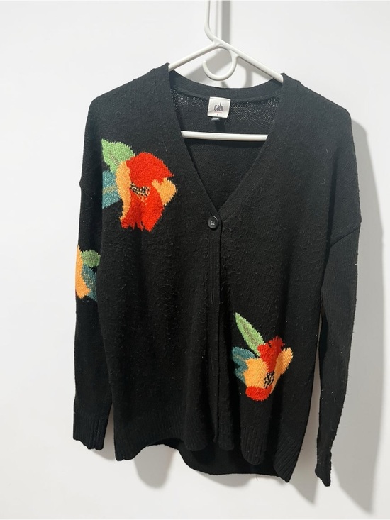 CAbi Sweaters - CAbi Black Floral Button-Front Cardigan with Red and Orange Flowers Size Small